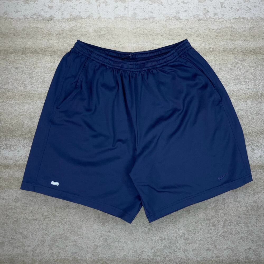 Vintage 90s Nike Gym Shorts Mens M Navy Blue Polyester 7" Inseam Subtle Swoosh